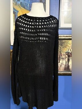 Black Open-Knit Crewneck Sweater Dress
